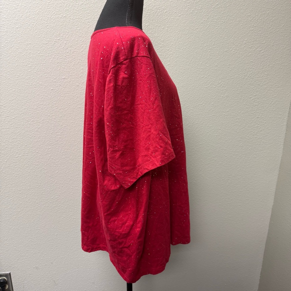 Catherines Red Sparkle Top 3X Plus Size Holiday Glitter Keyhole Blouse - Picture 5 of 7